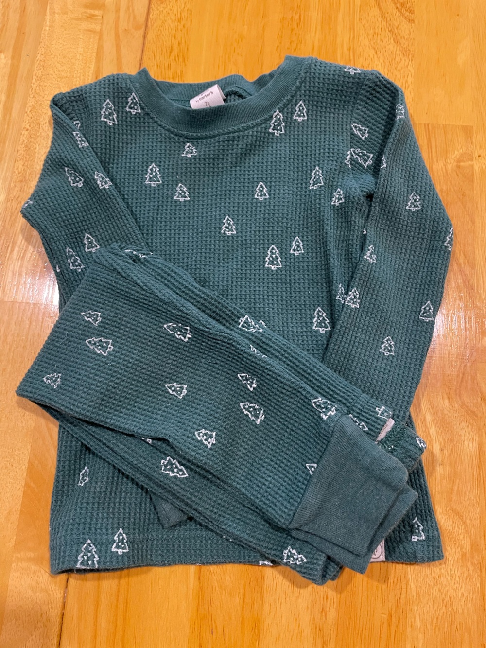 Dark Green Waffle Knit Top with Tiny Tree Motif
